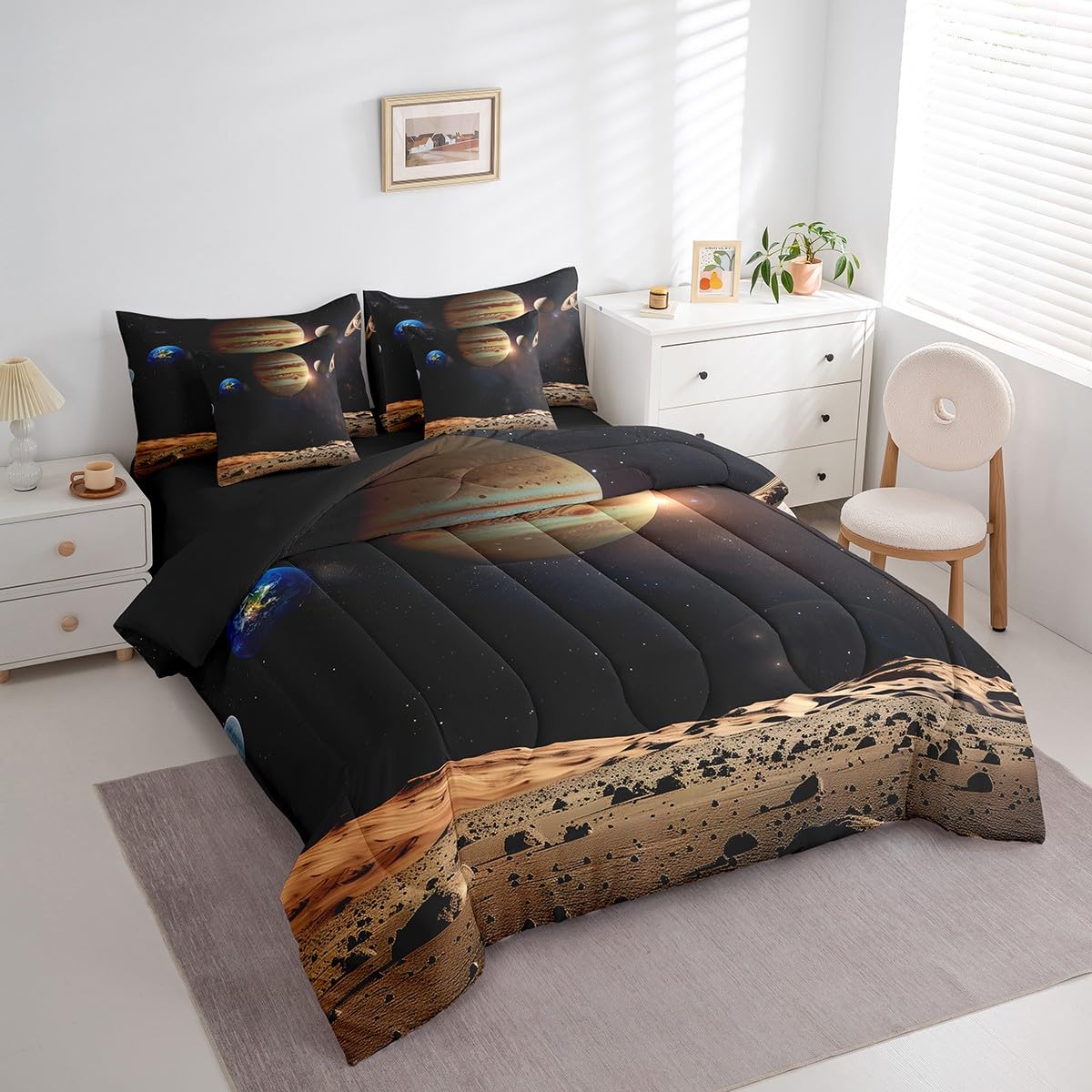 Erosebridal 7 Piece Space Theme Bed in a Bag Twin Outer Space Sheet Set for Girls Boys Galaxy Bedding Set with Comforter Solar System Fitted Sheet Universe Themed Cushion Covers for Teens Kids