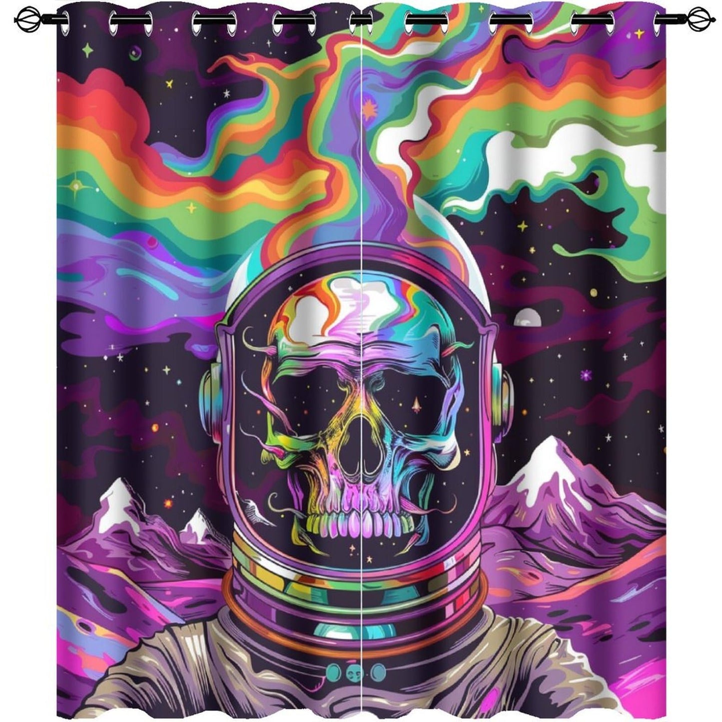 HDESDIS Colorful Skull Fantasy Blackout Curtains for Bedroom, Space Star Astronaut Skeleton Grommet Curtains Thermal Insulated Window Drapes for Living Room, 21W x 45L, 2 Panels