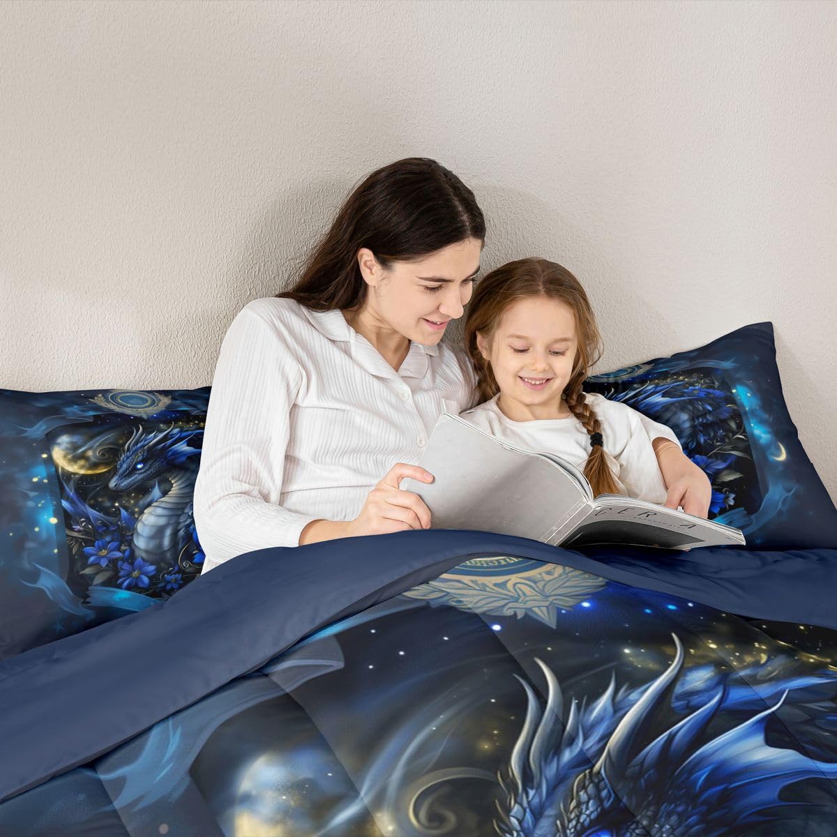 Feelyou Dragon Bedding Set Soft for Boys Girls, Wild Life Comforter Set Twin Size Jungle Dragon Duvet Quilt Microfiber Wild Animal Bedroom Decor Dull Blue 2 Pcs with 1 Pillow Cases