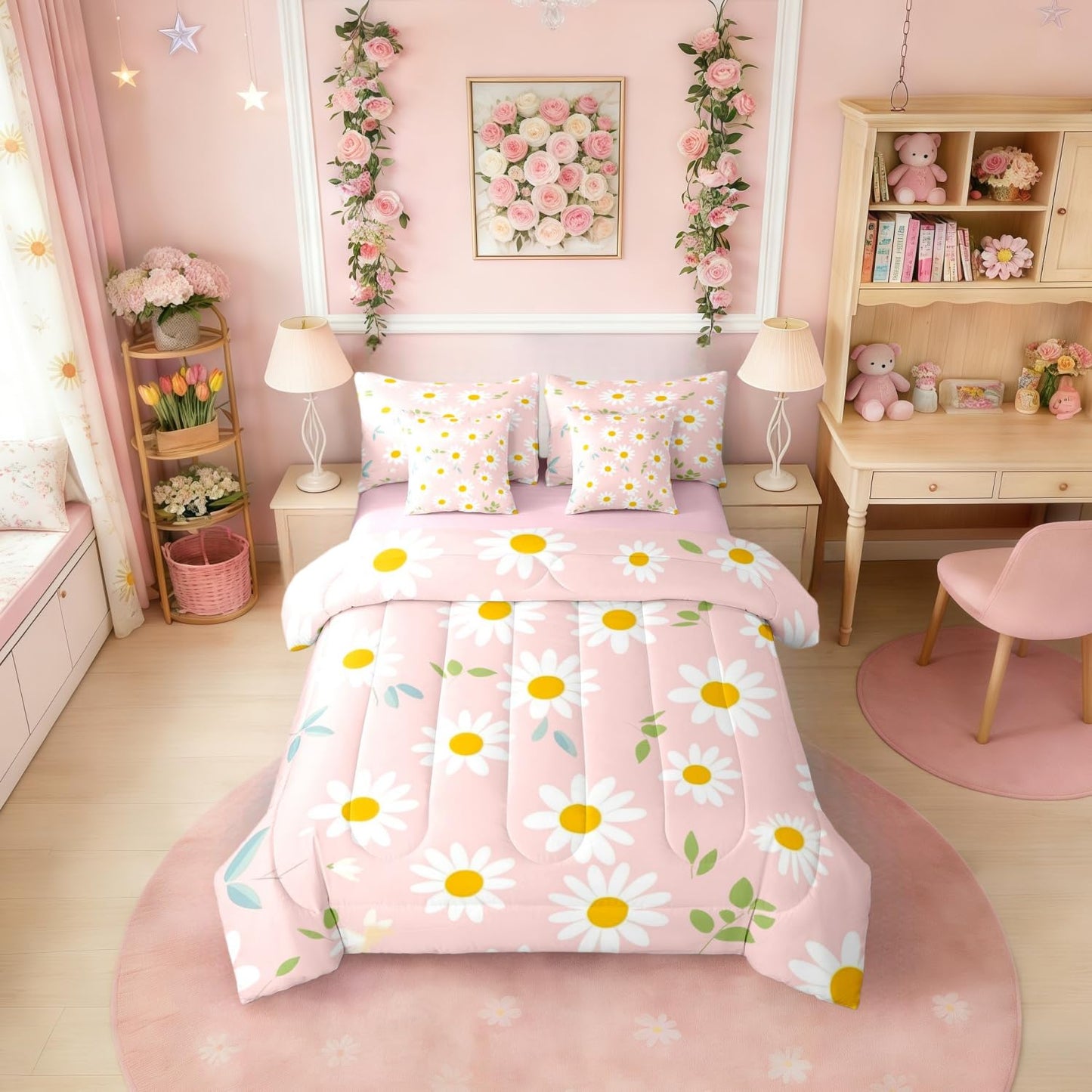 Erosebridal Cute Daisy 7-Piece Bedding Set Twin Size for Teen Girls White and Pink Comforter Set with Sheets for Kids Women Groovy Floral Bed in A Bag Trendy Coquette Flower Bed Sets All Season