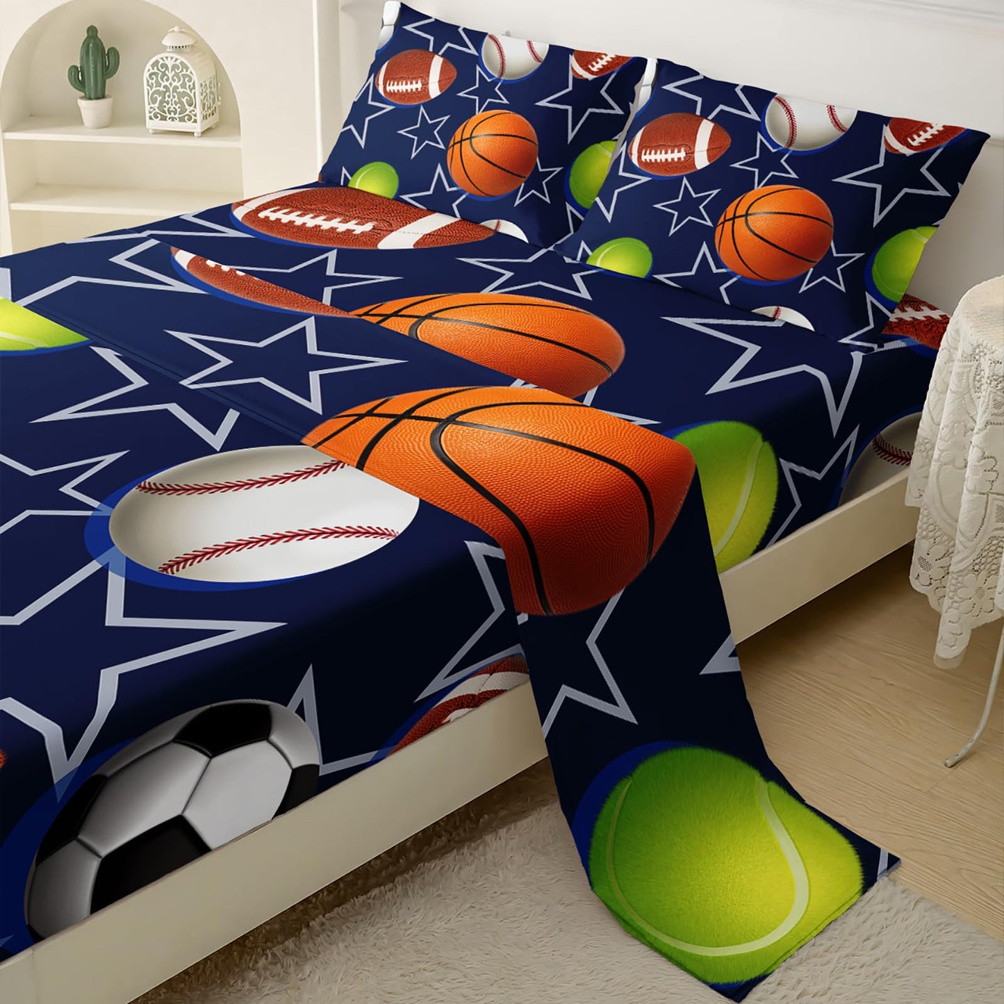 QOOMO Ball Print Kids Sheet Set Full Size,Soccer Basketball Bedding Set Lightweight for All Seasons,Blue Sets for Boy Room Decoration,1 Fitted Sheet,1 Flat Sheet,2 Pillow Cases