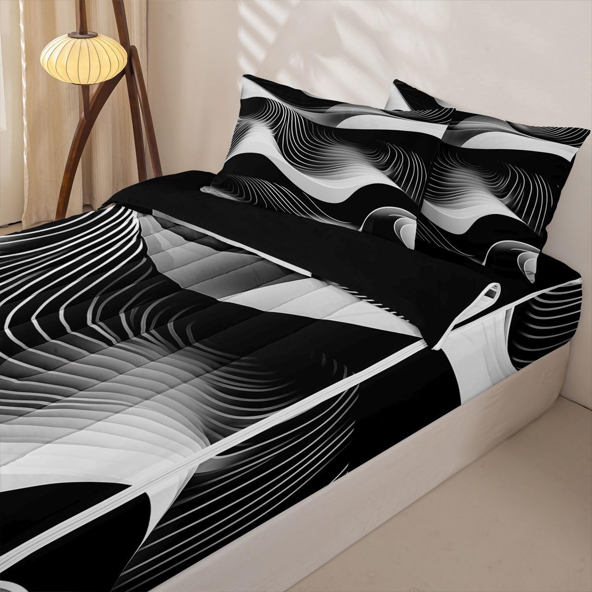 jejeloiu Abstract Art Full Zipper Bedding Set Wavy Contour Lines Kids Comforter Set with Fitted Sheet and 2 Pillowcases Geometric Modern Bed in a Bag Zip Up Bedding Soft Microfiber