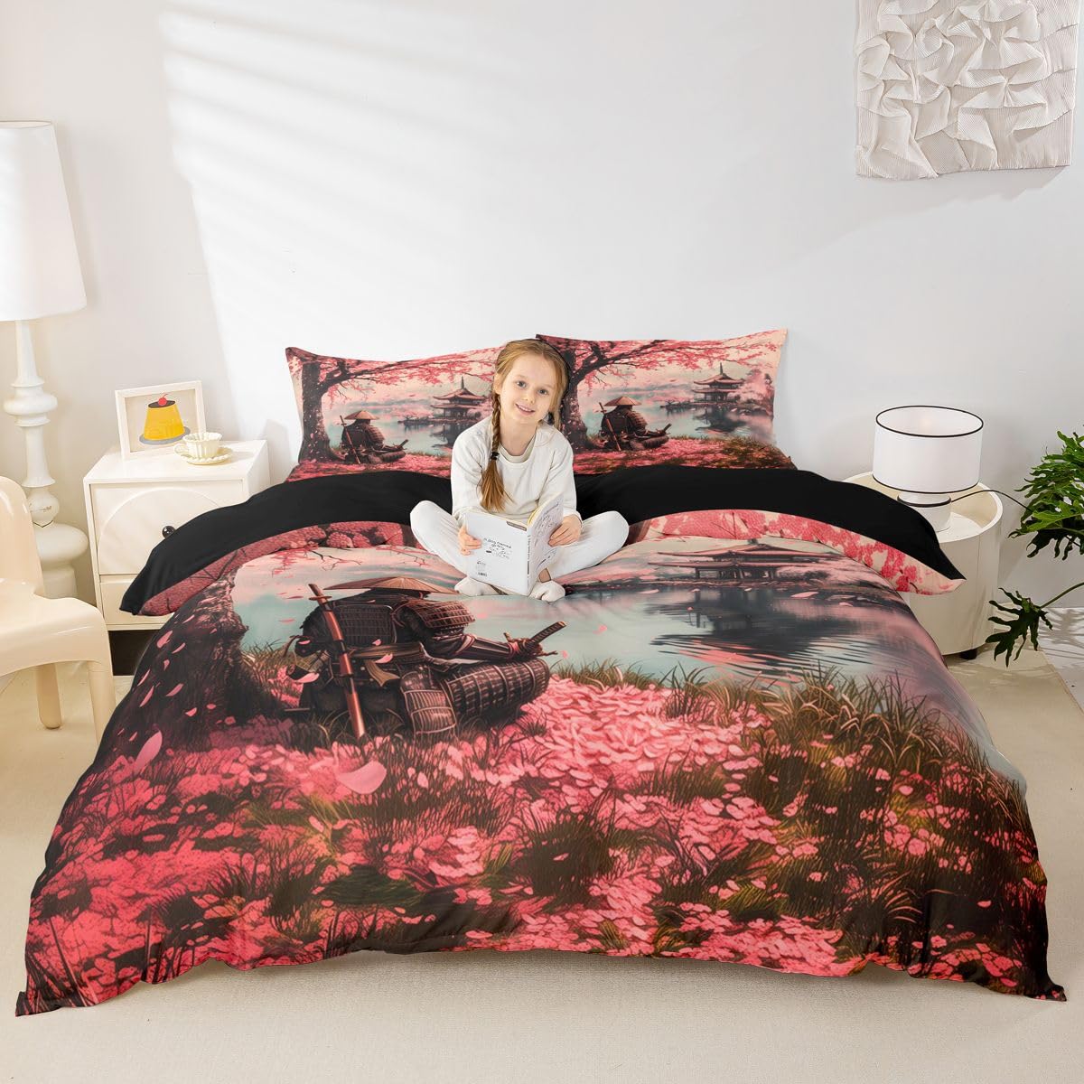 jejeloiu Samurai Duvet Cover Full Size Japan Style Comforter Cover for Boys Girls Cherry Blossoms Bedding Set 3Pcs Japanese Ukiyoe Room Decor