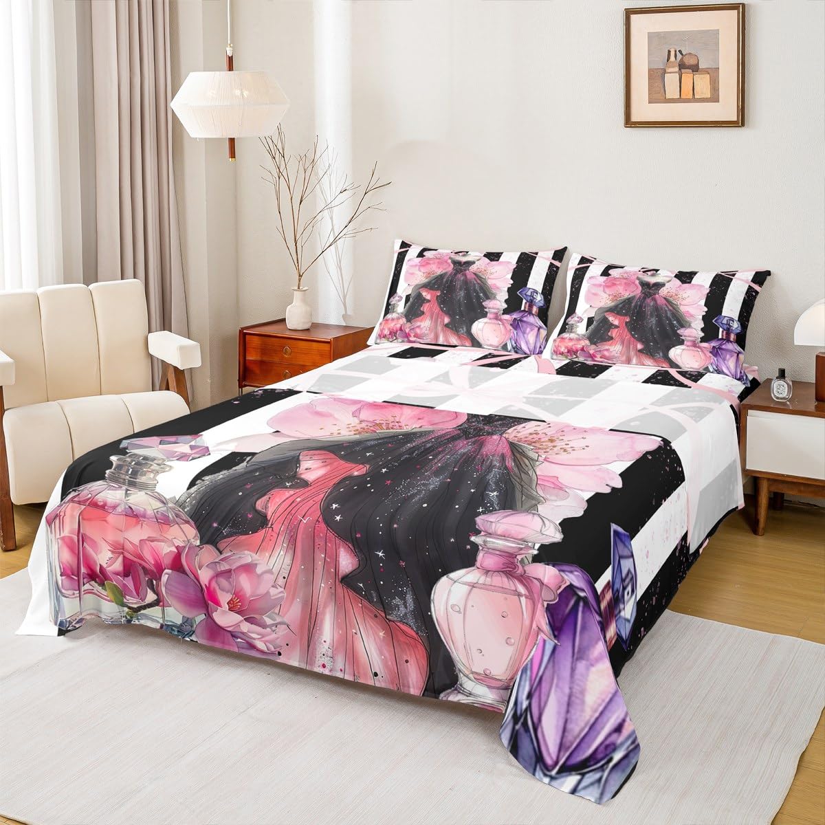 Erosebridal Girly Modern Fashion King Bed Sheets | Girls Women Coquette Dress Sheets Black and White Striped Flat Fitted Sheet Cute Coquette Bow Bed Sets