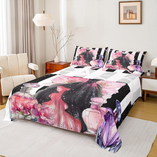 Erosebridal Girly Modern Fashion King Bed Sheets | Girls Women Coquette Dress Sheets Black and White Striped Flat Fitted Sheet Cute Coquette Bow Bed Sets