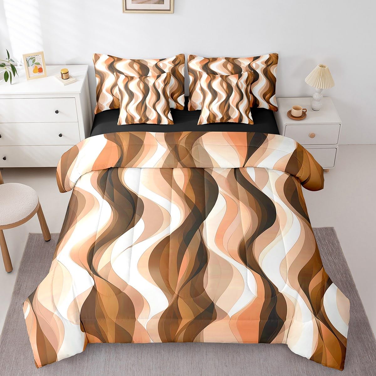 Erosebridal 7Pcs Orange Black Geometric Lines Queen Comforter Set,Striped Bed in A Bag for Minimalist Women Men Adults,Modern Aesthetics Art Quilt,Contemporary Gradient Ombre Lines Quilt