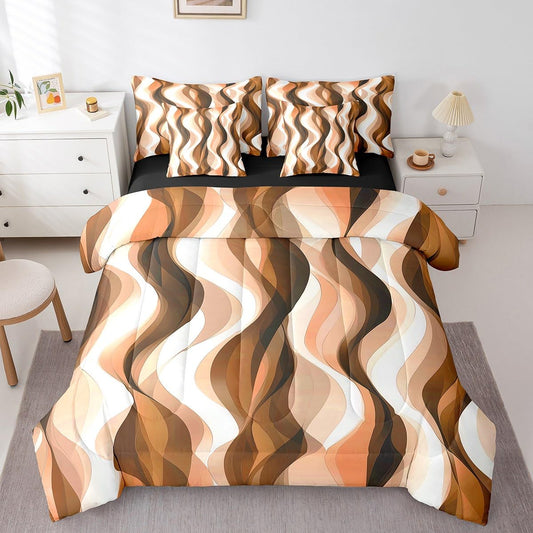 Erosebridal 7Pcs Orange Black Geometric Lines Queen Comforter Set,Striped Bed in A Bag for Minimalist Women Men Adults,Modern Aesthetics Art Quilt,Contemporary Gradient Ombre Lines Quilt