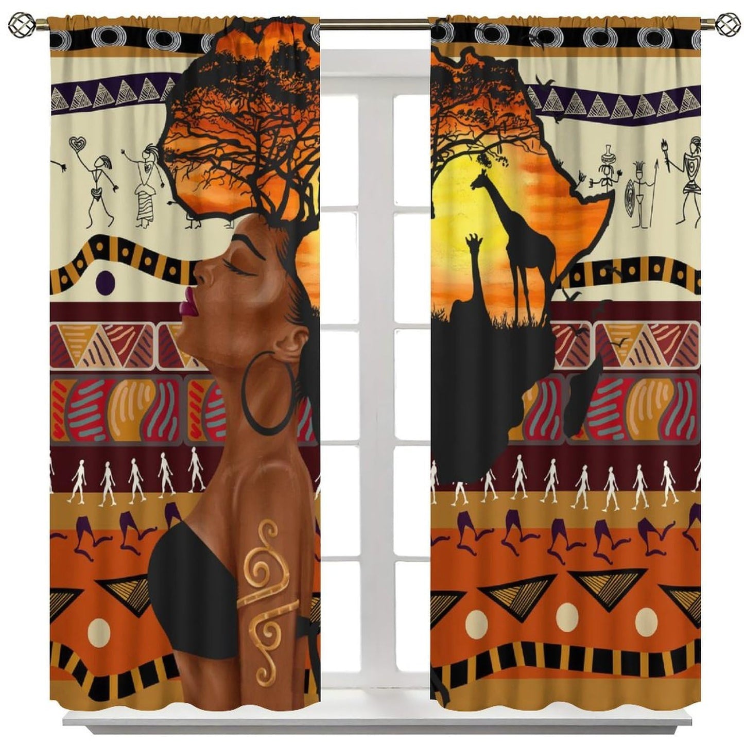 Fblifil African Woman Curtain Abstract Sunset Landscape Wild Life Geometric Printed Rod Pocket Window Treatments for Girls Bedroom Living Room Decor 42" W X 45" L