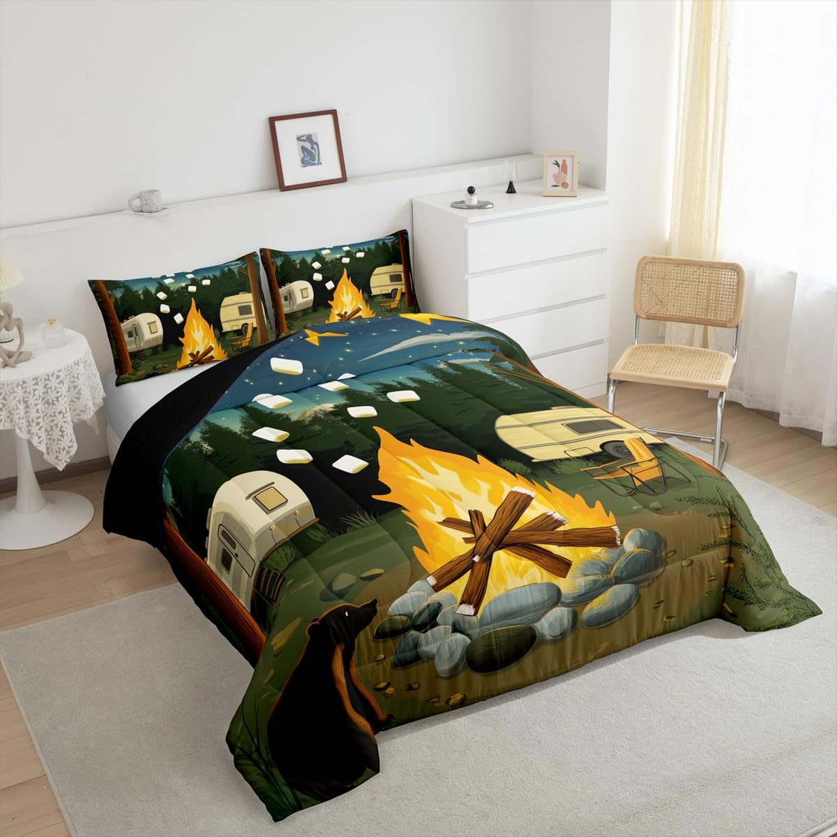 Erosebridal Rv Camper Bedding Sets King,Happy Camping Comforter Set for Kids Adults Wild Campfire Duvet Insert Rustic Starry Night Quilt