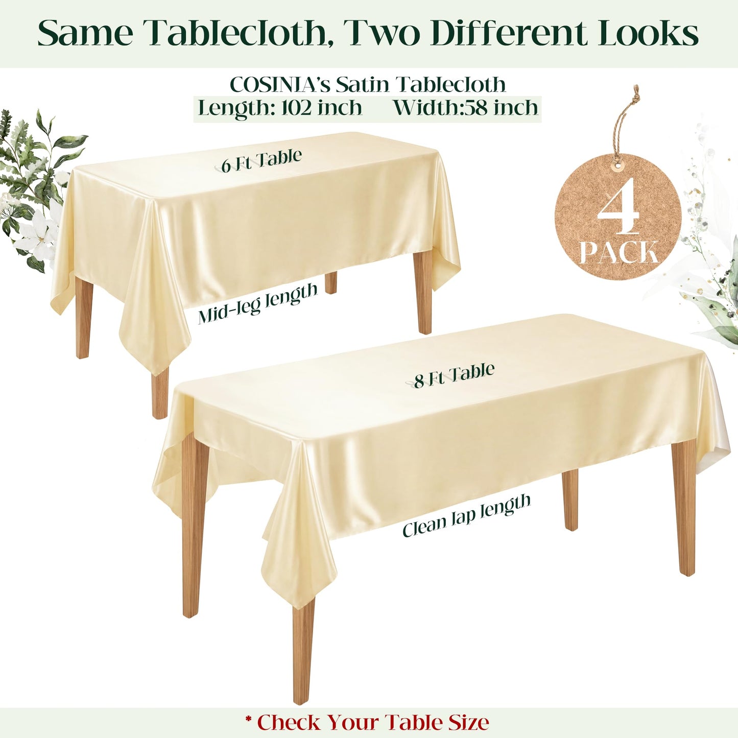 COSINIA 4 Pack Champagne Satin Tablecloth 58 x 102 Inches, Rectangular Satin Table Cloths for Wedding Reception, Birthday Party, Graduation & Holiday Banquet Tables