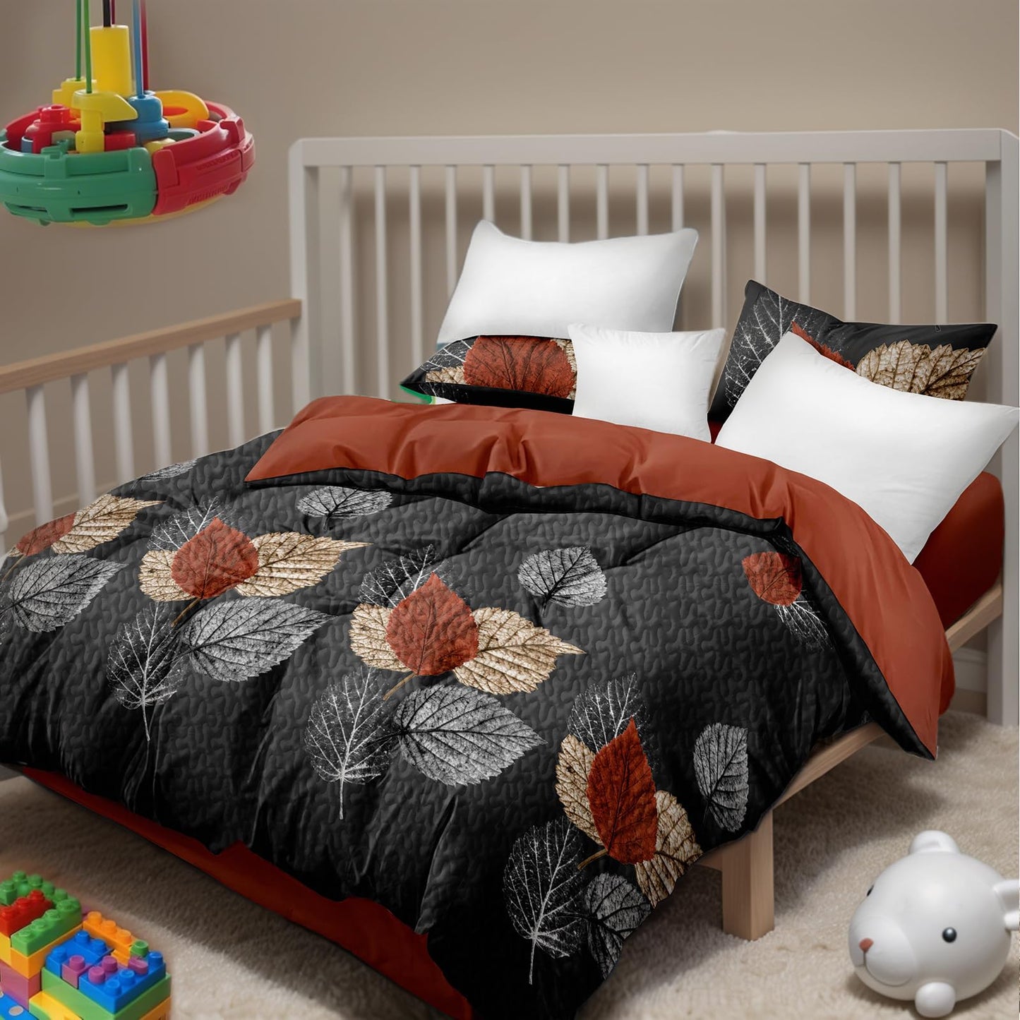 Elegance 9-Piece Leaves King Light Comforter Set, Luxury Bed in a Bag King Bedspread with Matching Curtains Ultra Soft & Breathable Black Brown Floral Bedding, All-Season Decor for Master Suite