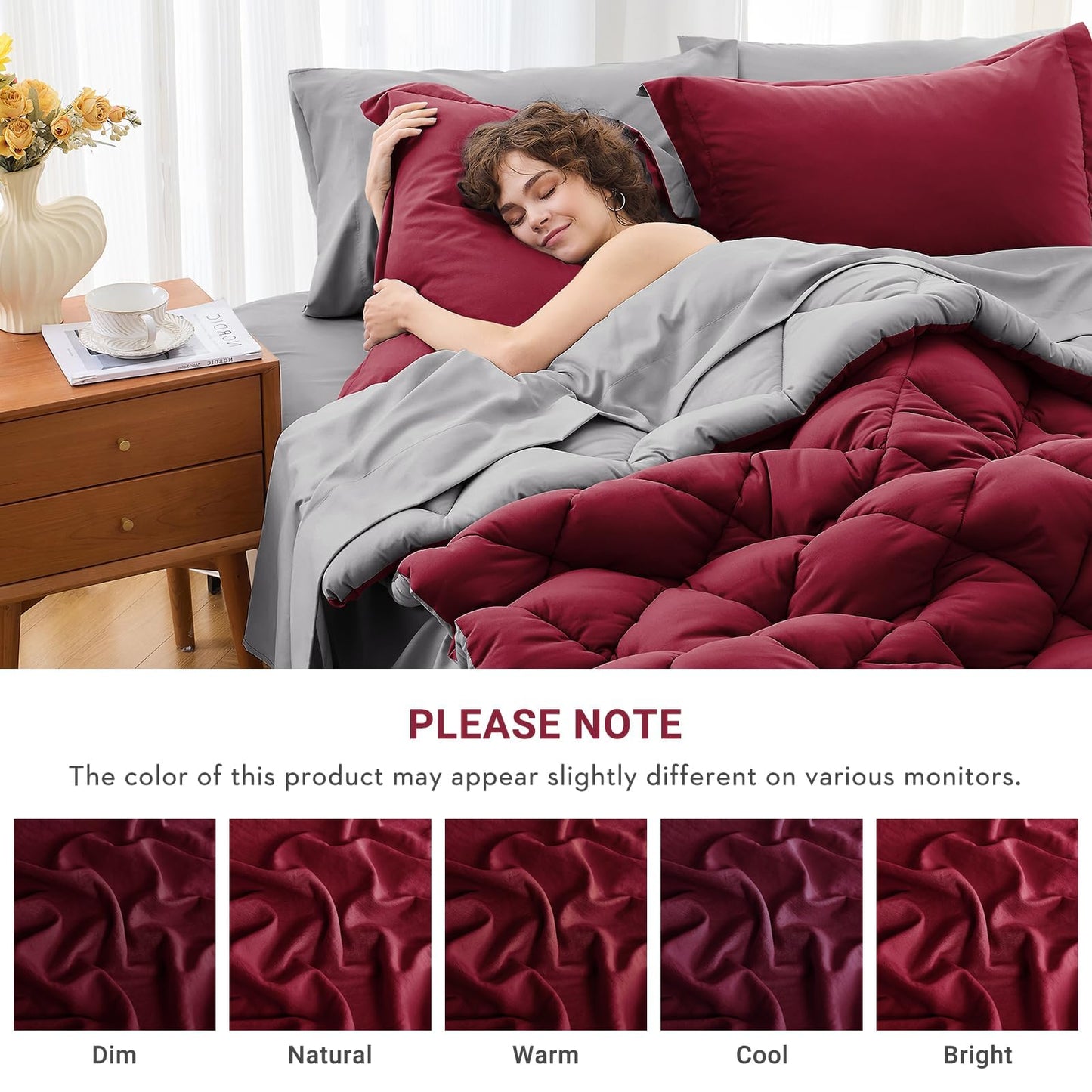 MUXHOMO 7 Pieces Queen Comforter Set, Reversible Bed in a Bag Queen Size, All Season Bedding Set with Comforter, Flat Sheet, Fitted Sheet, Pillowcases & Shams, Burgundy & Grey