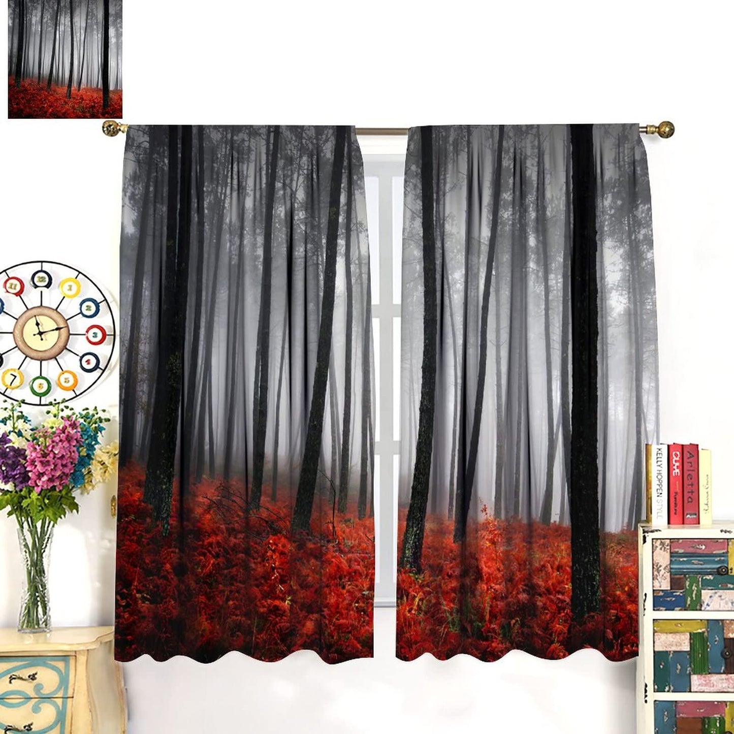 JESTRONRY Forest Window Curtain,Red Fantasy Misty Forest Trees Jungle Bushes Blackout Rod Pocket Window Drapes 2 Panel Set for Living Room Bedroom Kitchen Bathroom Decor W42xL45in