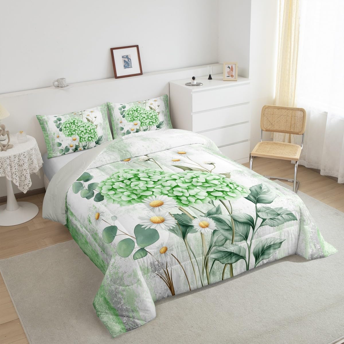 Erosebridal Green Hydrangea Flower Queen Comforter Set Spring Blossom Bedding Set Abstract Oil Painting Bed Set Watercolor Floral Rustic Farmhouse Quilt Set Ombre Green Grey Design for Adults