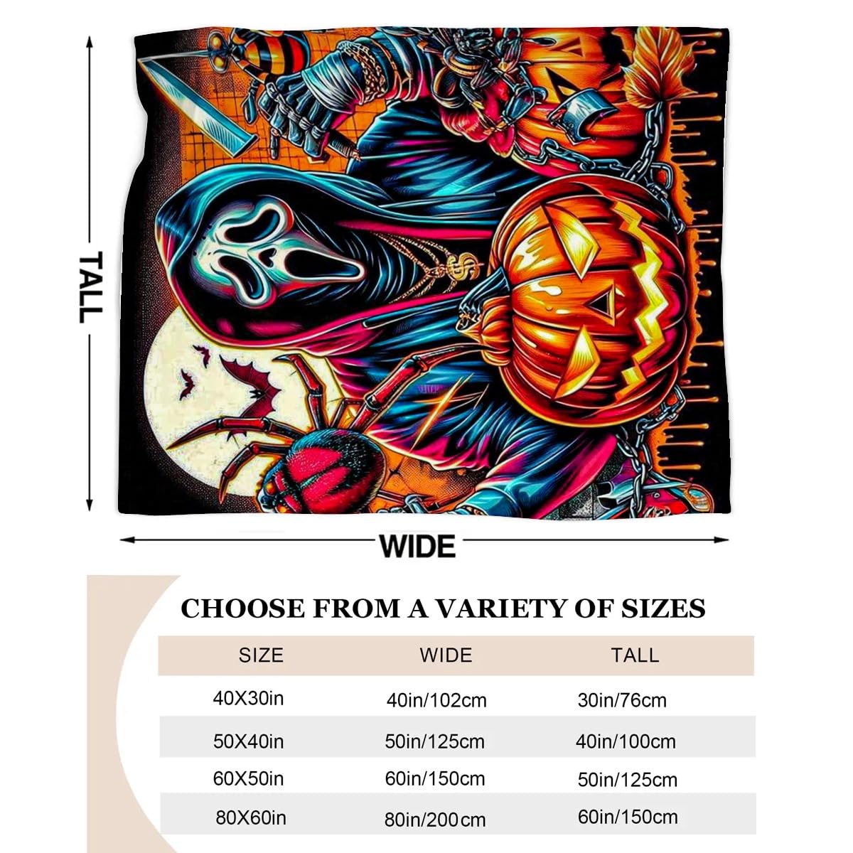 Halloween Ghostface with Pumpkins and Spiders Flannel Throw Blanket, 40"×50"（100 * 125cm Soft Anti-Pilling Fleece Blanket for Couch, Sofa, Bed, Lightweight and Breathable for Home, Office, Travel