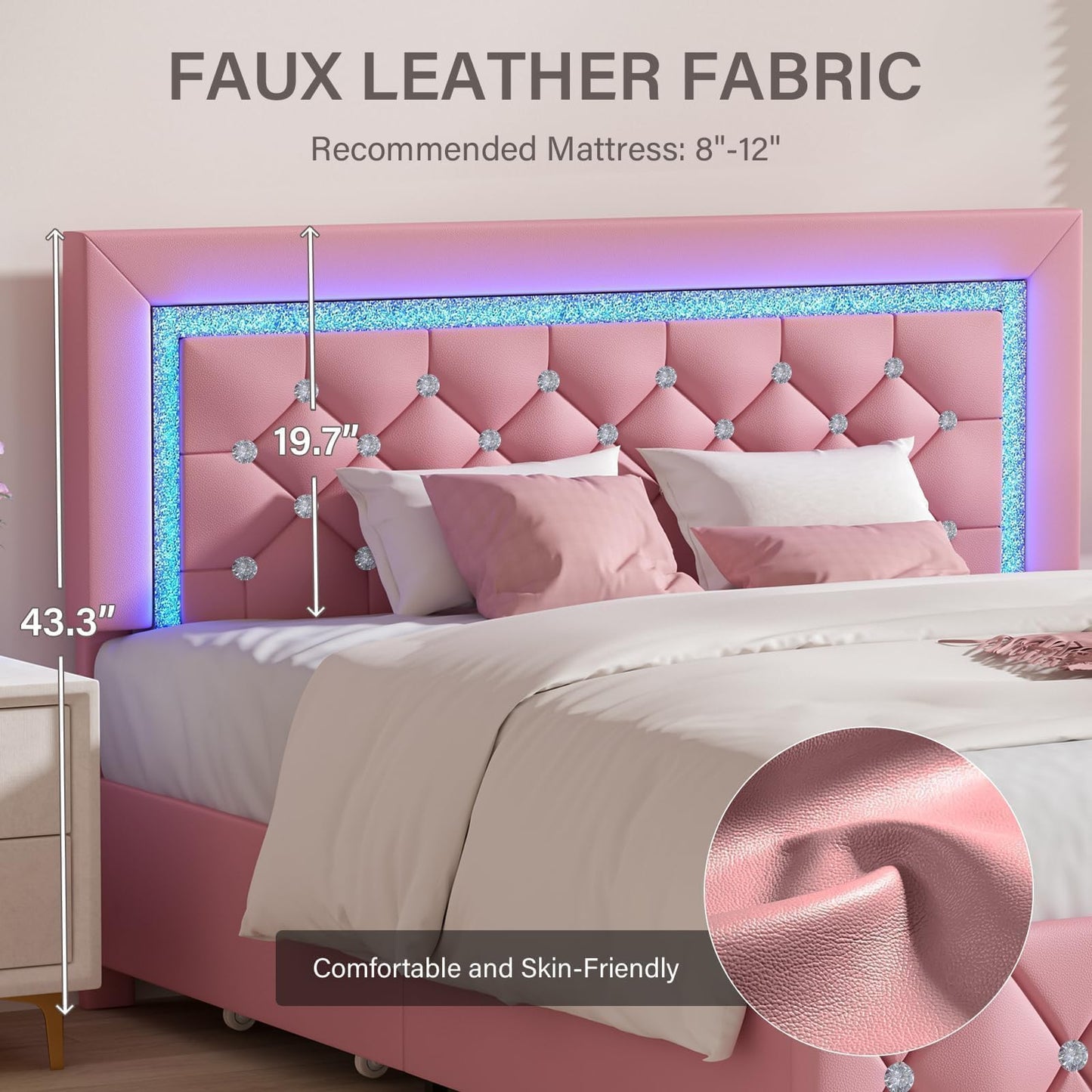 BarnFurin Full Size Bed Frame with LED Lights, Upholstered Bed Frame with Storage Drawers, Princess Platform Bed with Diamond Headboard and Footboard, No Box Spring Needed, Pink