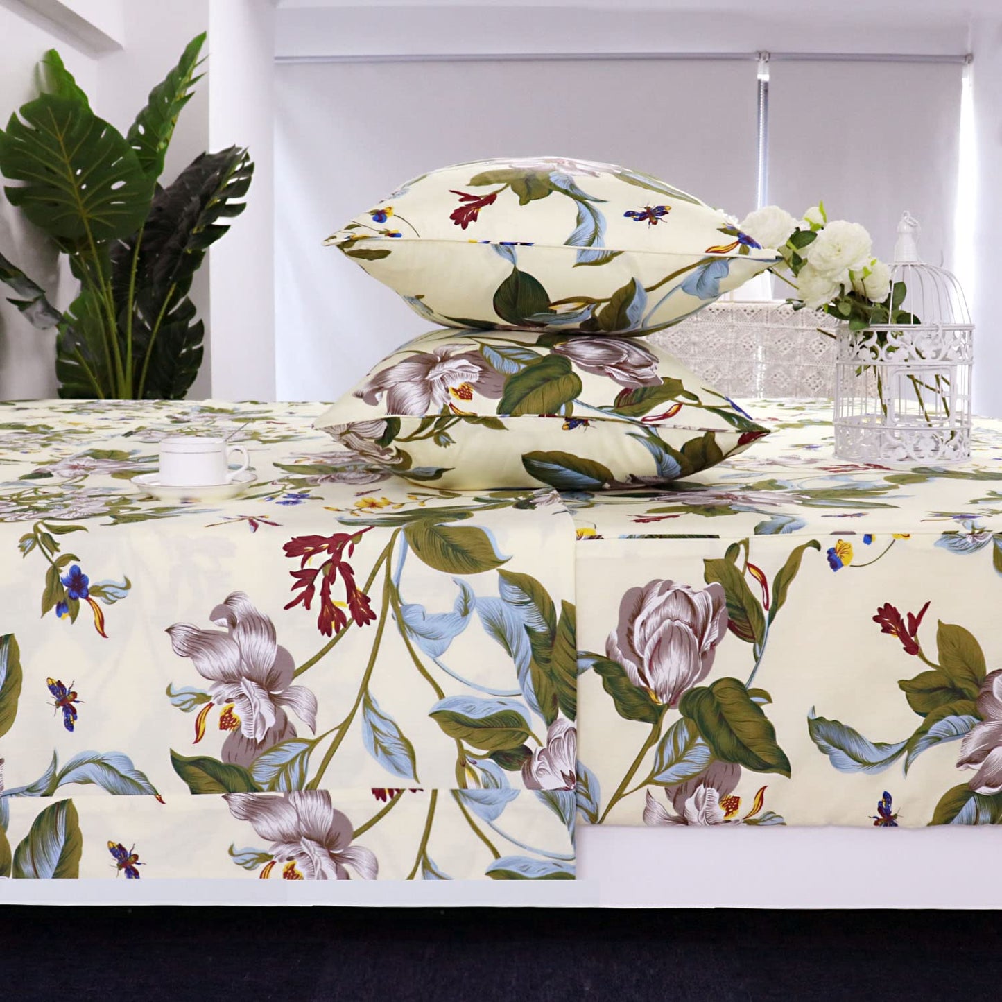 FADFAY Shabby Floral Sheets California King 100% Cotton 600 TC White Flower and Green Leaves Bedding Vintage Garden Botanical Print Country Side Bed Sheet Soft Hypoallergenic Deep Pocket Sheet 17.5''