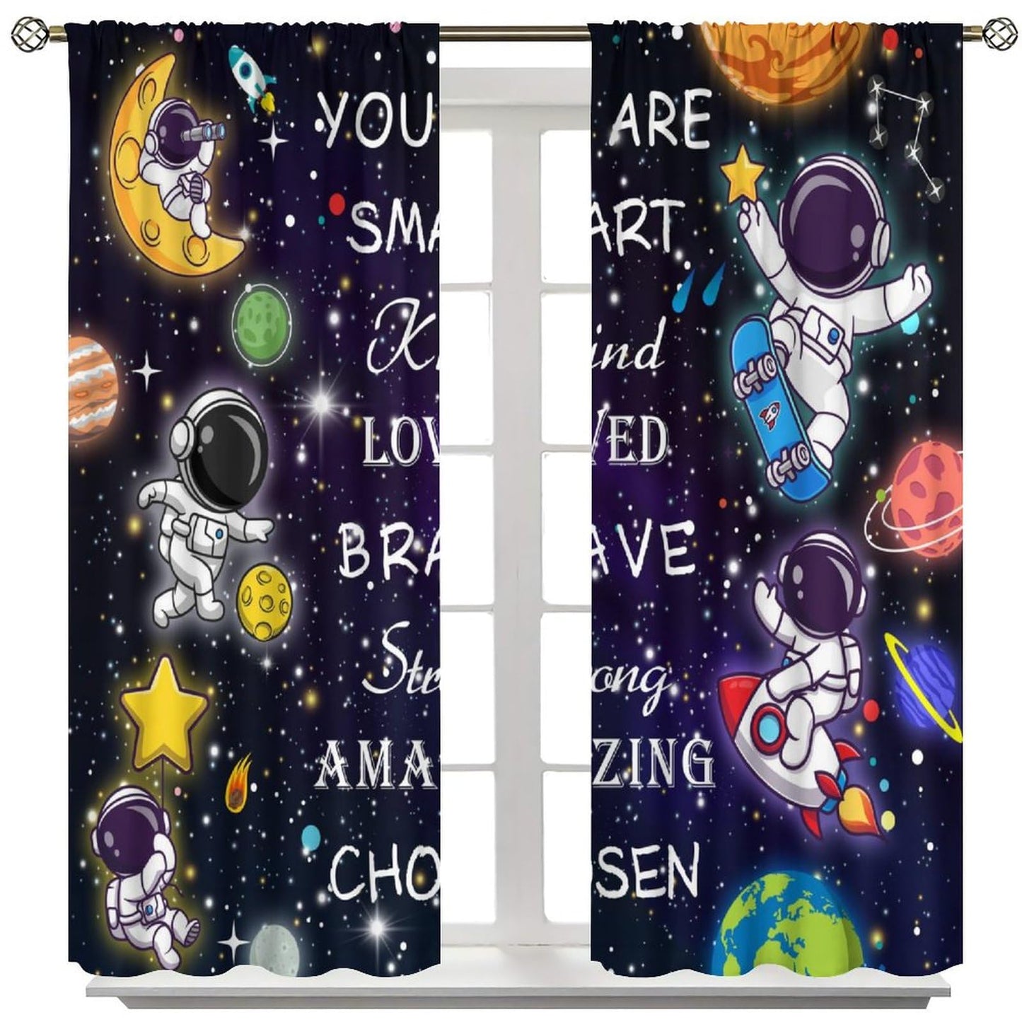 AAVEUP Space Astronaut Blackout Curtains for Kids,Cartoon Universe Galaxy Space Planet Astronaut Inspirational Quotes Learning Window Treatments for Boys Nursery Bedroom Living Room 63x72in