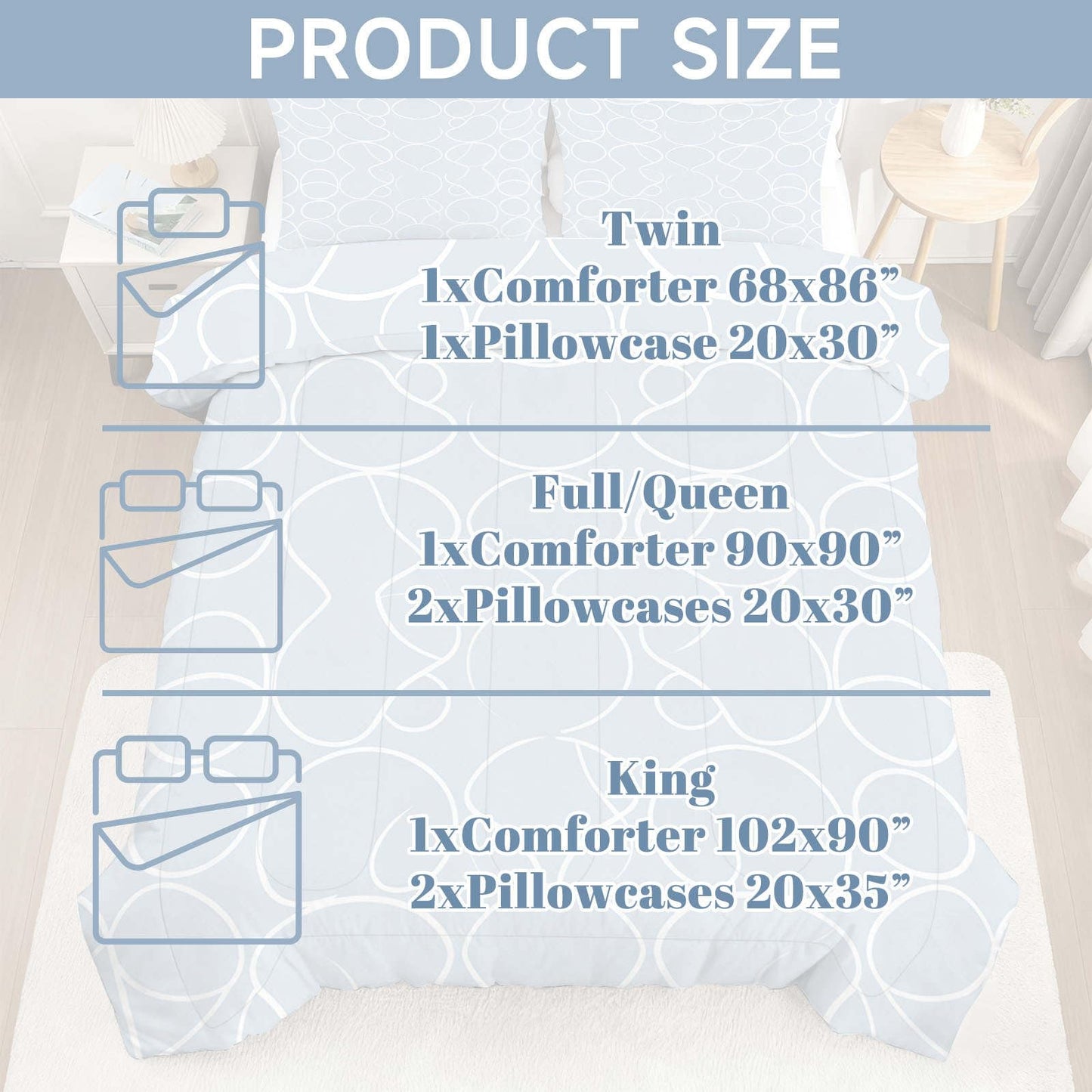 CERYUEE Dusty Light Blue Geometric King 3 Piece Comforter Bedding Set
