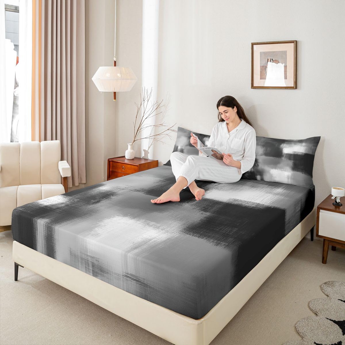 Feelyou Abstract Fitted Sheet with 2 Pillowcases Queen Size Modern Abstract Bed Sheets Set 16" Deep Pocket Boys Girls Geometric Artistic Smear Bedding Teens Bedroom Decor Breathable Soft
