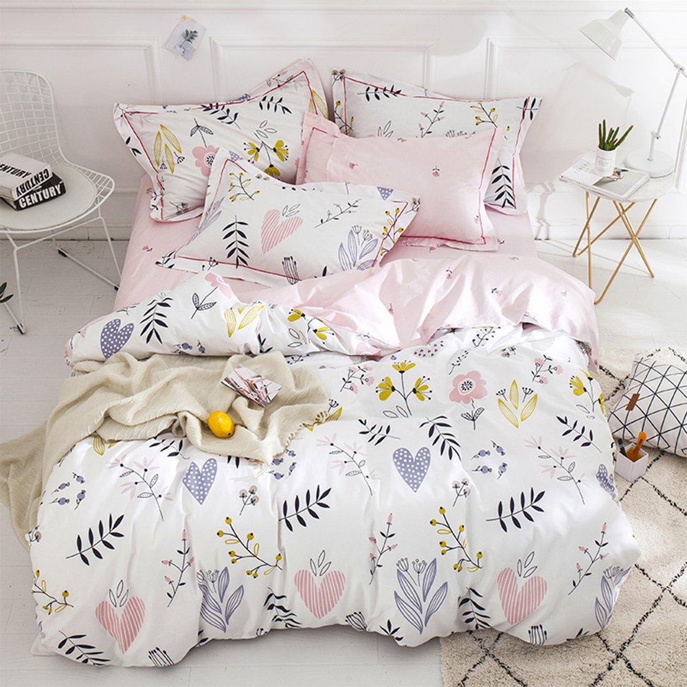 BuLuTu Floral Love Print Girls Duvet Cover Full White/Pink Cotton Premium Blossom Kawaii Reversible Kids Bedroom Comforter Cover Queen Duvet Cover for Toddler,Teen,Lightweight,Zipper Closure