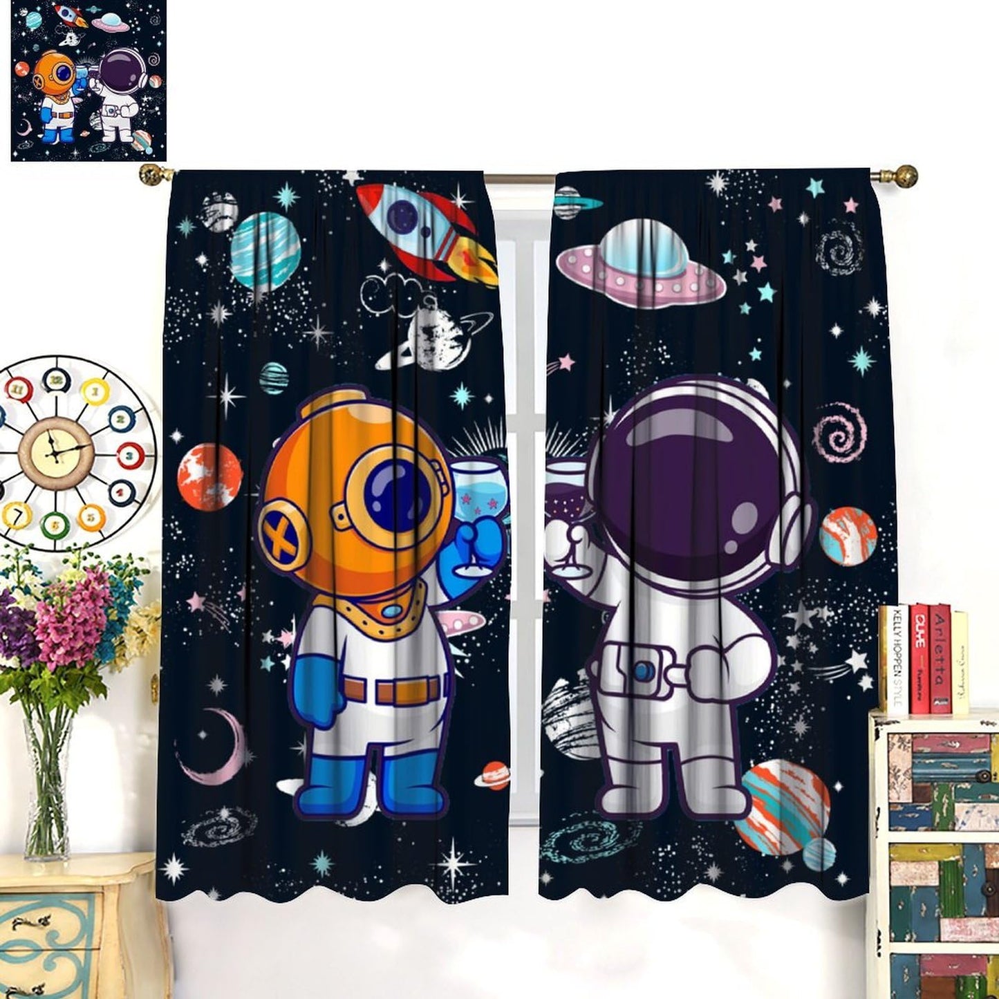 GoDazzling Cartoon Outer Space Curtains, Kids Astronaut Fantasy Window Drapes, for Boys Girls Bedroom Living Room 41" W X 45" L (No Blackout)