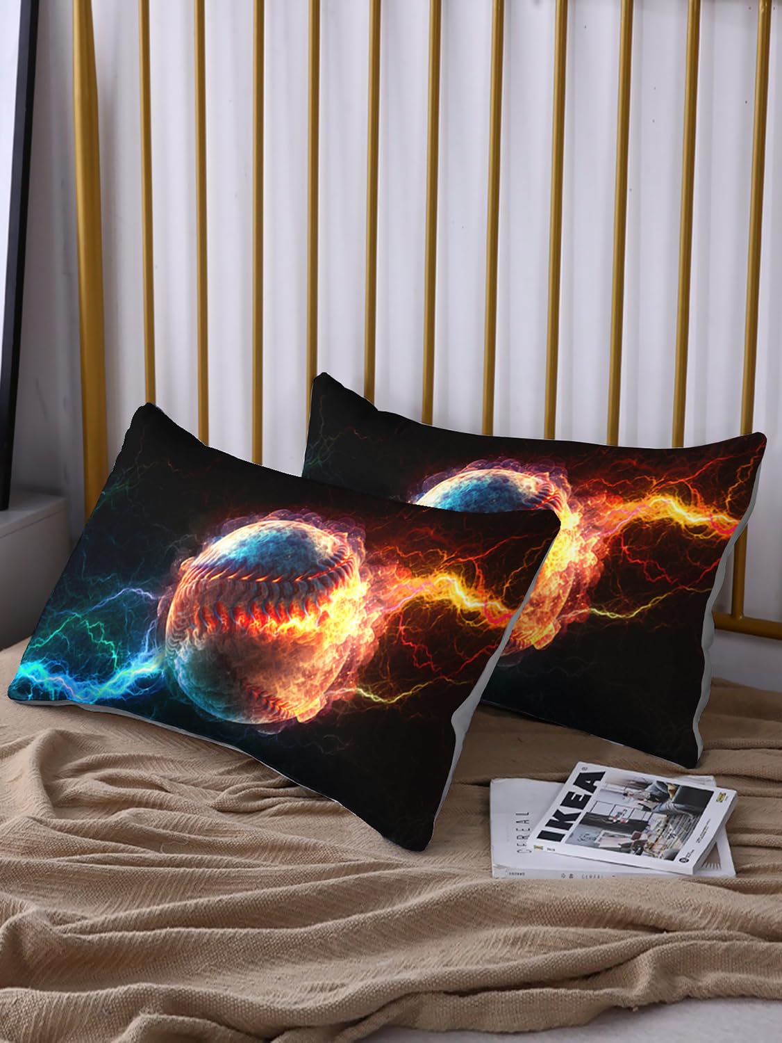 HOSIMA Baseball Fitted Sheet for Boys Girls Teens,Flame Lightning Twin Bedding Sets Sports Themed Bedroom Decor,Soft Microfiber Black Fitted Sheet with 2 Pillowcases.