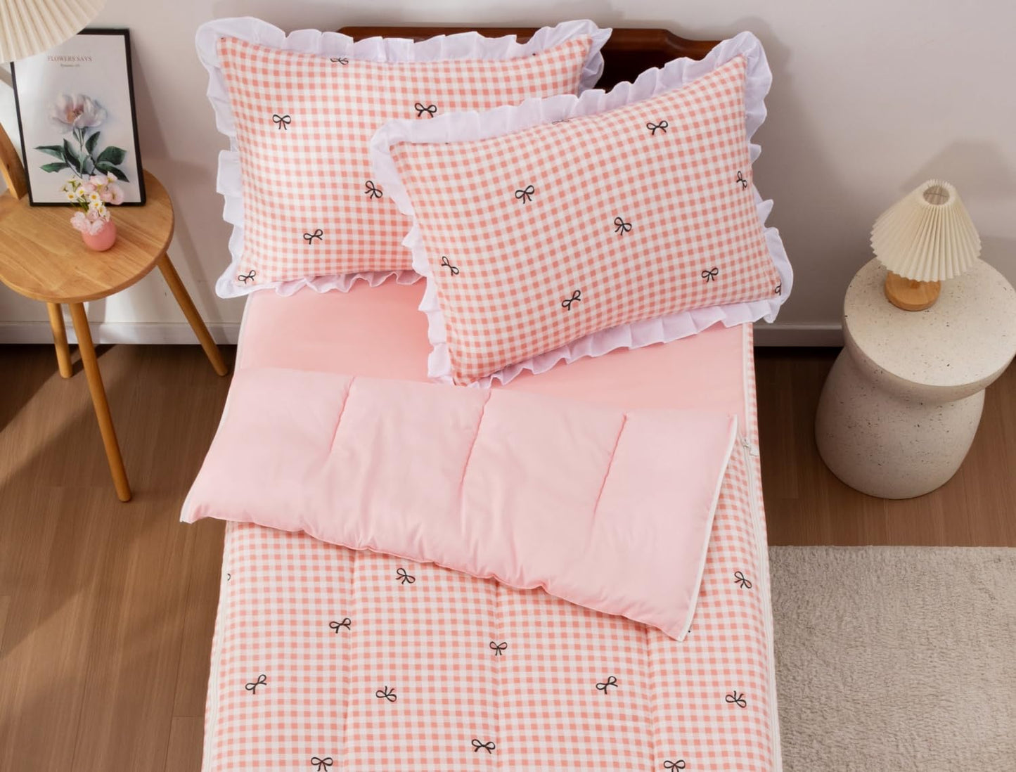 Meeting Story Zipper Bedding Twin Bow Zip Up Bedding Set for Girls and Kids, Pink 3 Pcs Comforter Bed in a Bag with Fitted Sheet and 2 Pcs Pillowcases(Lightpink,Twin)