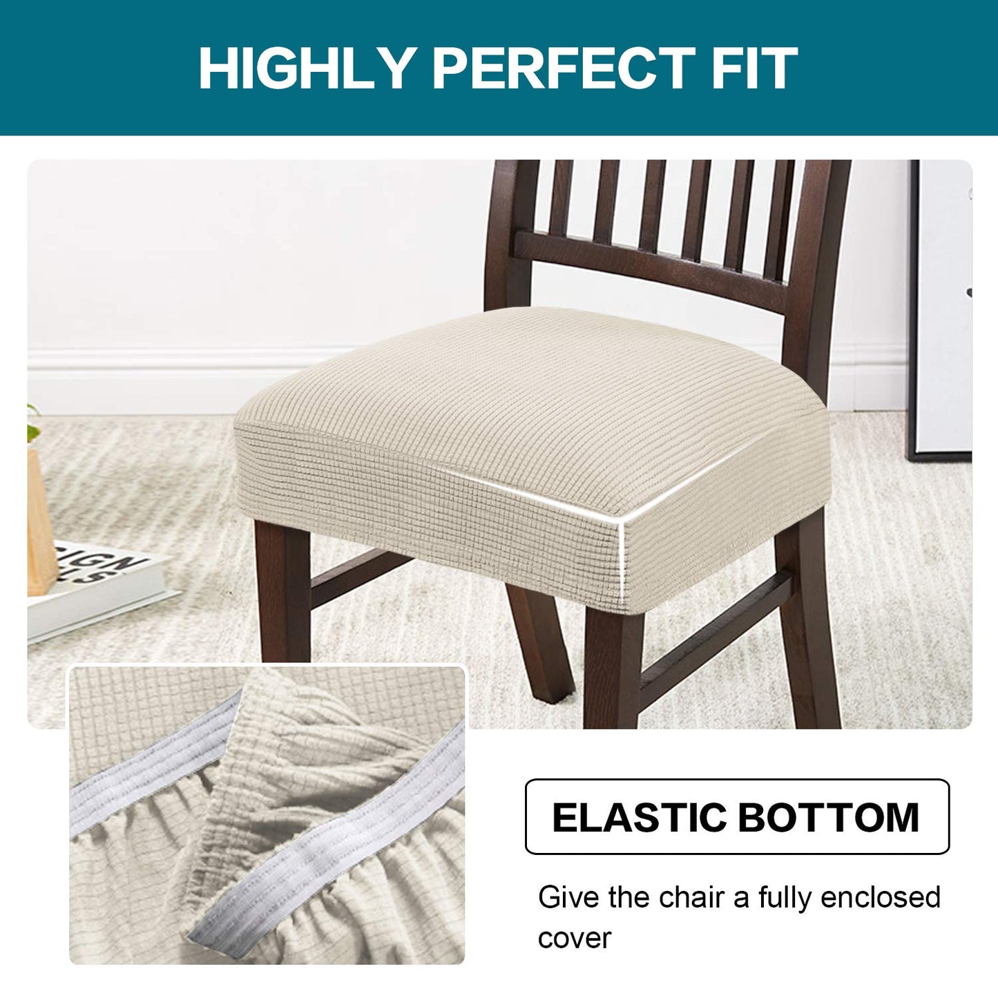 Turquoize Stretch Dining Chair Covers Seat Covers for Dining Room Chair Covers Set of 6，Removable Washable Kitchen Chair Seat Cushion Slipcovers Protector, Natural