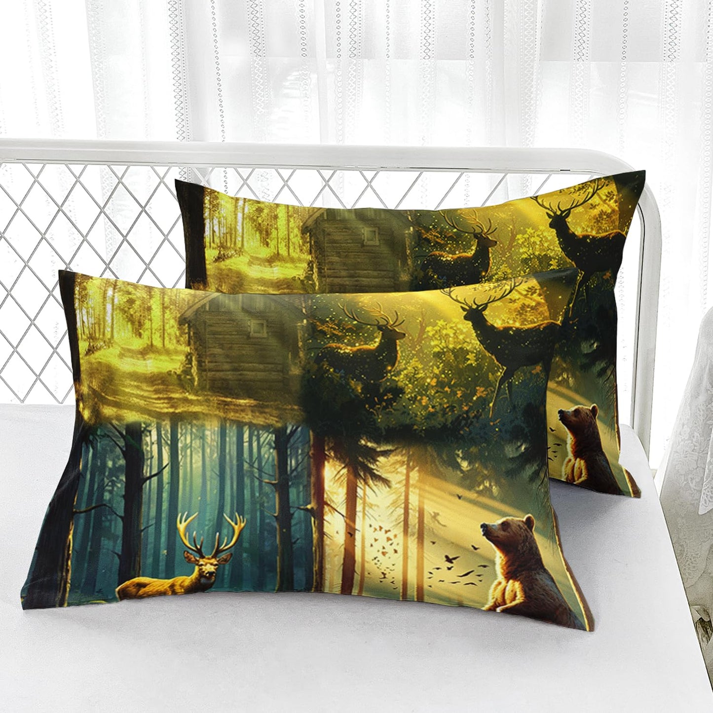 AILONEN Deer Hunting Bedding Set Twin XL Size,Green Fairy Forest Sunshine Deer Bear Fitted Sheet with 2 Pillowcases,Kids Boys Girls Soft Bed Sheet Set 3 Piece