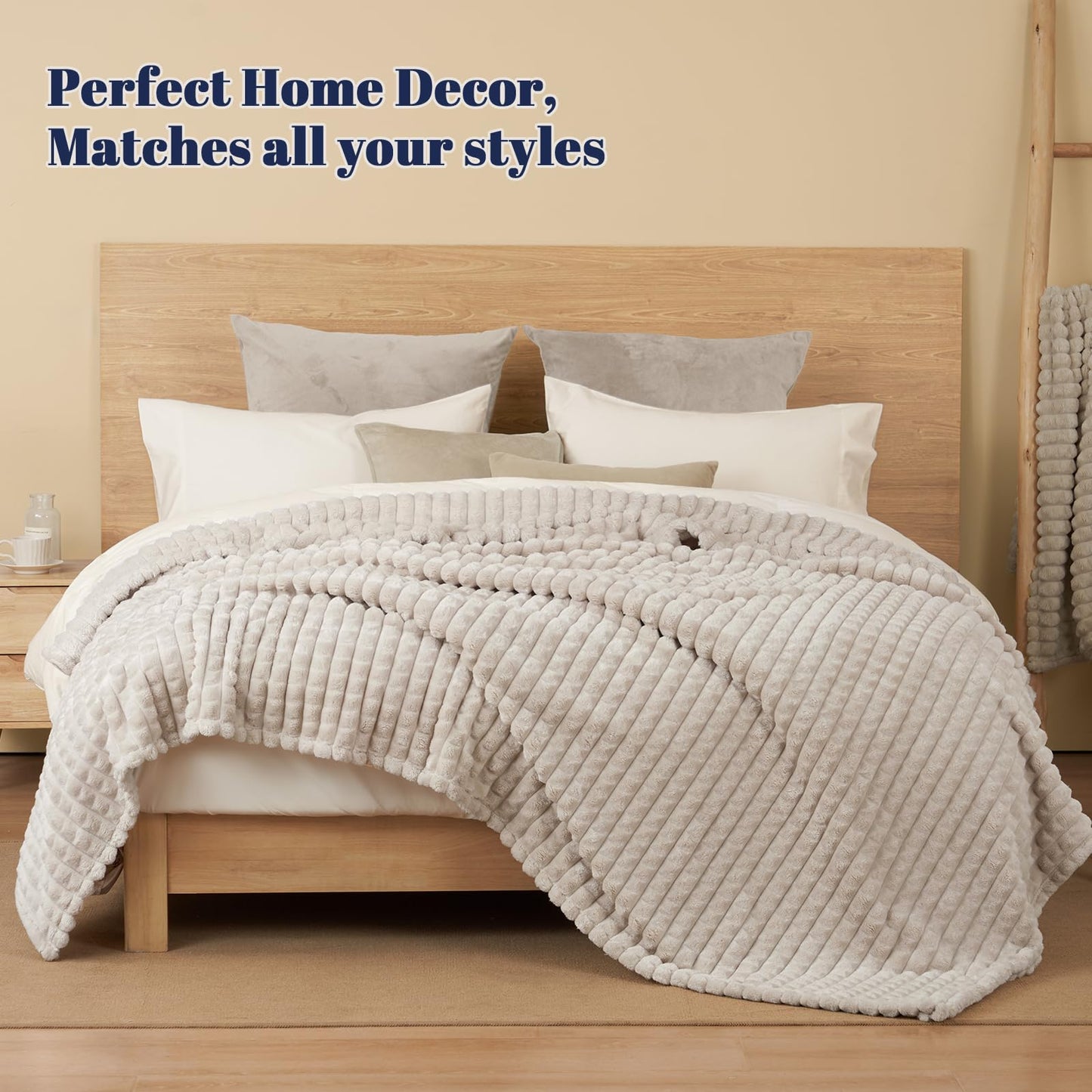 PHF Luxury Soft Fleece Blanket Queen Size, No Shed No Pilling, 380GSM Fluffy Cozy Throw Blankets for Bed, 90"x90", Lightweight Warm Bedding for Home Decor, Ideal Gift for Women, Oak