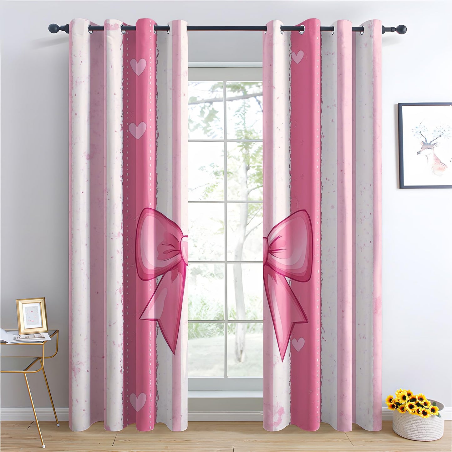 Fizzenobia Pink Bow Blackout Curtains for Bedroom Living Room, Thermal Insulated Room Darkening Grommet Drapes, Girls Bowknot Window Curtains & Home Decor, 54 Inch Curtains 2 Panel Set