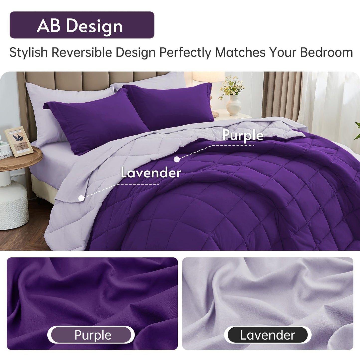MUXHOMO 7 Pieces California King Comforter Set, Reversible Bed in a Bag Cal King Size, All Season Bedding Set with Comforter, Flat Sheet, Fitted Sheet, Pillowcases & Shams, Purple & Lavender