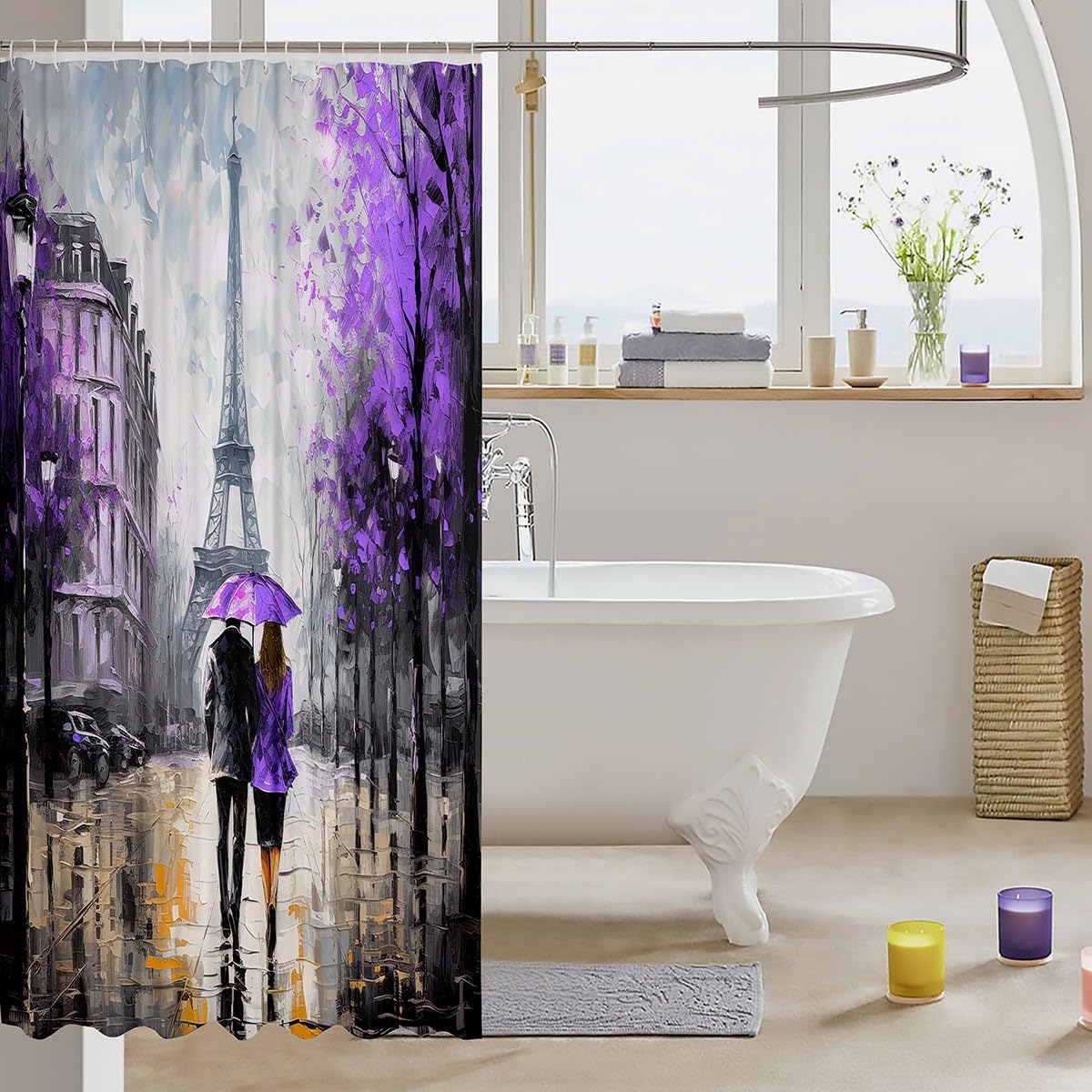 jejeloiu Eiffel Tower Shower Curtain 72"x78" Couple Romantic Paris Bathroom Shower Curtain Set for Girls Women Lover Valentine's Day Bath Curtain Purple France Trip Bathroom Accessories