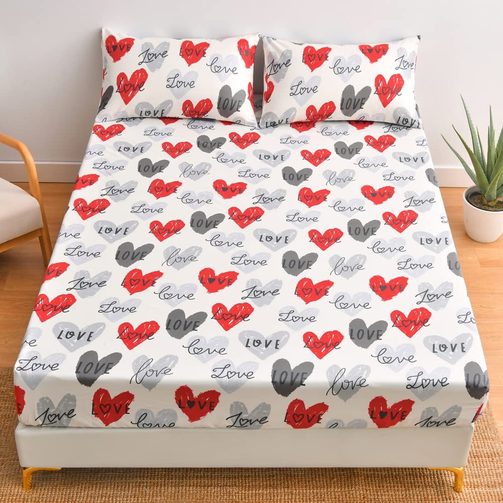 Feelyou Girls Heart Fitted Sheet Twin Size Women Hearted Love Pattern Bed Sheet Set for Kids Teens Bedroom Romantic Decor Red Gray Bedding Set with Pillow Case Microfiber Soft and Cozy Bed Cover