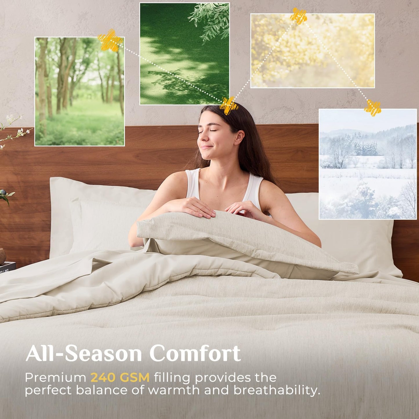 JOLLYVOGUE Queen Comforter Set, Cationic Dyeing Bed in a Bag 7 Pieces, Double-Tone Bedding Set with Down Alternative Comforter, Sheets, Pillowcases & Shams, Beige
