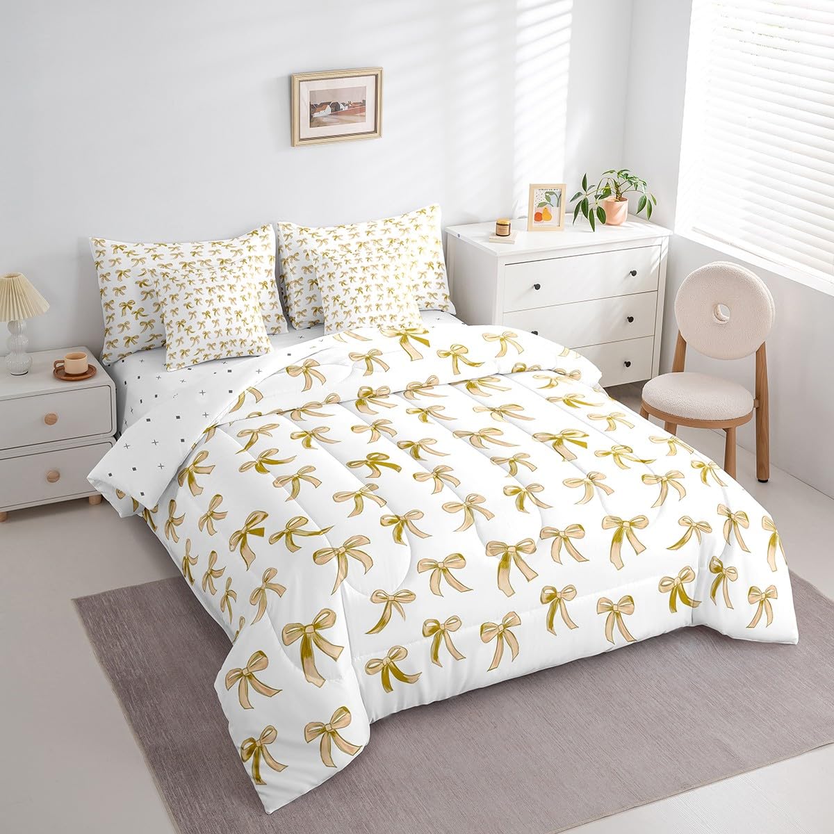Erosebridal Yellow Bowknot Twin Comforter Set Bed in a Bag, Kawaii Dreamy Ribbon Reversible Bedding Sets for Kids Girls, Cartoon Bow Tie Printed Bedding Accessories for Bed, Cute Girly Bed Sheets Set