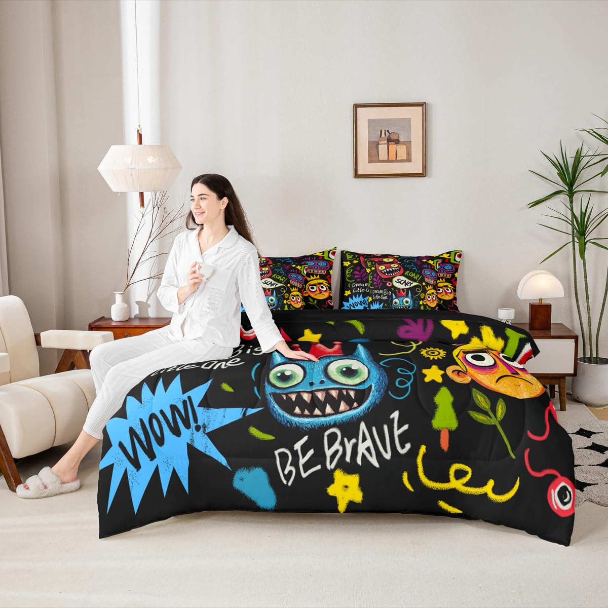 jejeloiu Hippie Graffiti Style Comforter Set Twin Size 7 Pieces Hip Hop Decor Bedding Set for Kids Boys Girls Street Culture Bed in a Bag Bedroom Decor All Season Quilted Breathable Soft Lightweight