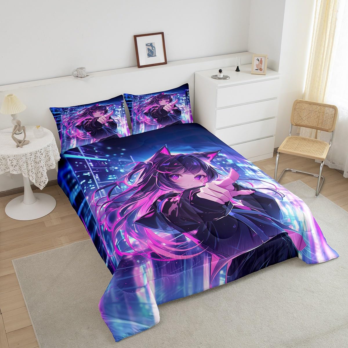 Erosebridal Kids Anime Girl Full Size Comforter Set, Japanese Anime Bedding Set, Cartoon Girl Quilt for Boys Teens Bedroom Decor, Kawaii Japanese Animation Duvet Insert with 2 Pillow Cases