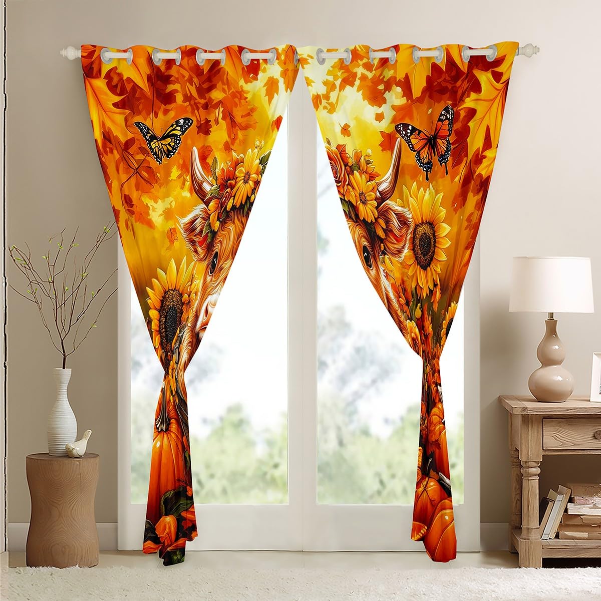 Feelyou Kids Cute Highland Cow Window Curtains for Bedroom Living Room,Sunflower Cartoon Animal Curtains,Pumpkin Highland Cow Window Drapes,Flower Floral Blackout Curtains, 42W X 84L,2 Panels