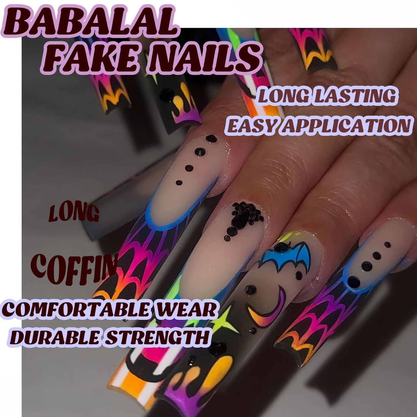 BABALAL Long Coffin Press on Nails Black Goth Glue on French Tip Pumpkin & Bat Halloween Design Spider Web Supplies Art 24Pcs Manicure Stick on Acrylic False Nails