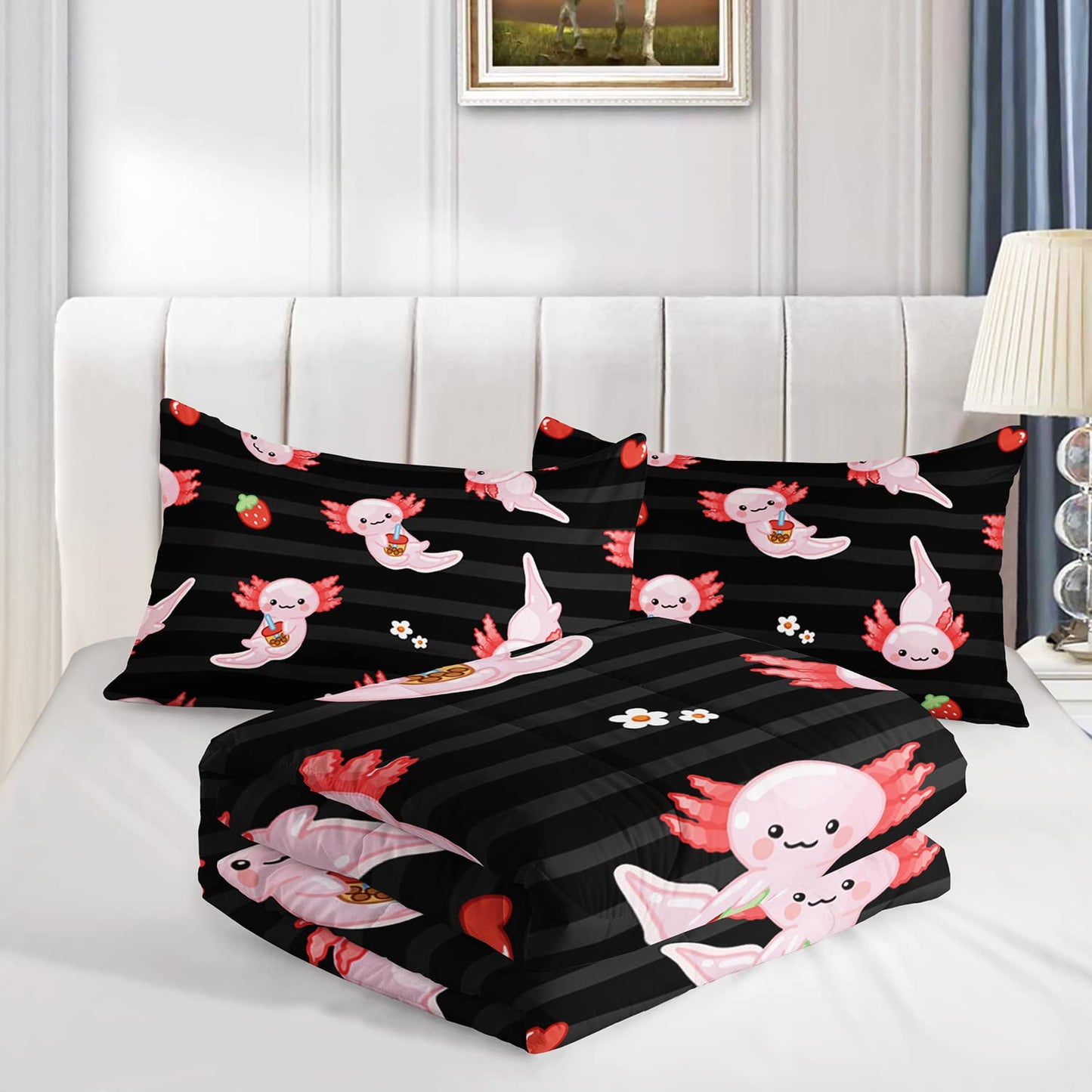 HOSIMA Kids Black Full Size Comforter Sets 3 Pieces,Cartoon Axolotl Bedding Sea Wildlife Cute Animals Theme Room Decor,Kawaii Bedding Set Strawberry Comforter with 2 Pillowcases.