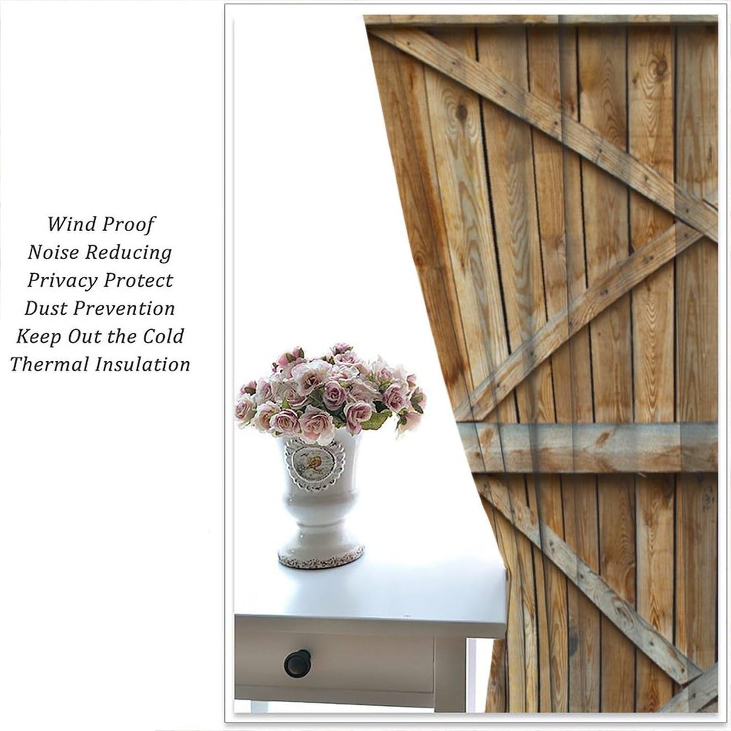 Wood Barn Door Decor Curtain, Natural Farmhouse Rustic Warm Double Wooden Door Pattern Print Rod Pocket Window Treatments, for Living Room Bedroom 42" W X 45" L