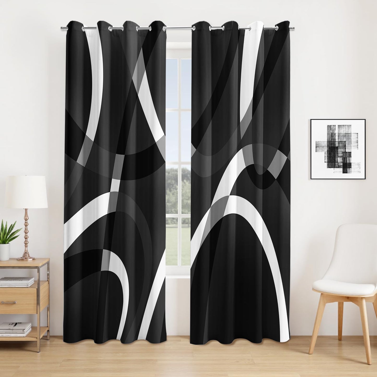 weesire Black and White Blackout Curtains for Bedroom Living Room 2 Panels 100% Blackout Modern Circle Pattern Curtains Abstract Stripe Curtains, 52x84 Inches