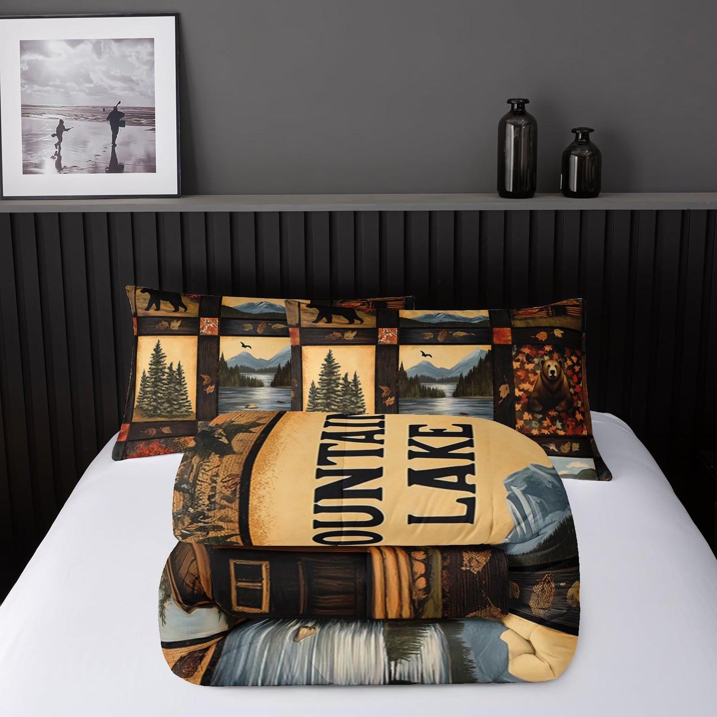 Nttopship Hunting Bear Comforter Set Twin,Bear Cabin Plaid Comforter Set Bedding Set for Kids Boys Men Adults Wildlife Pine Trees Rustic Farmhouse Soft Microfiber Comforter with 2 Pillowcases