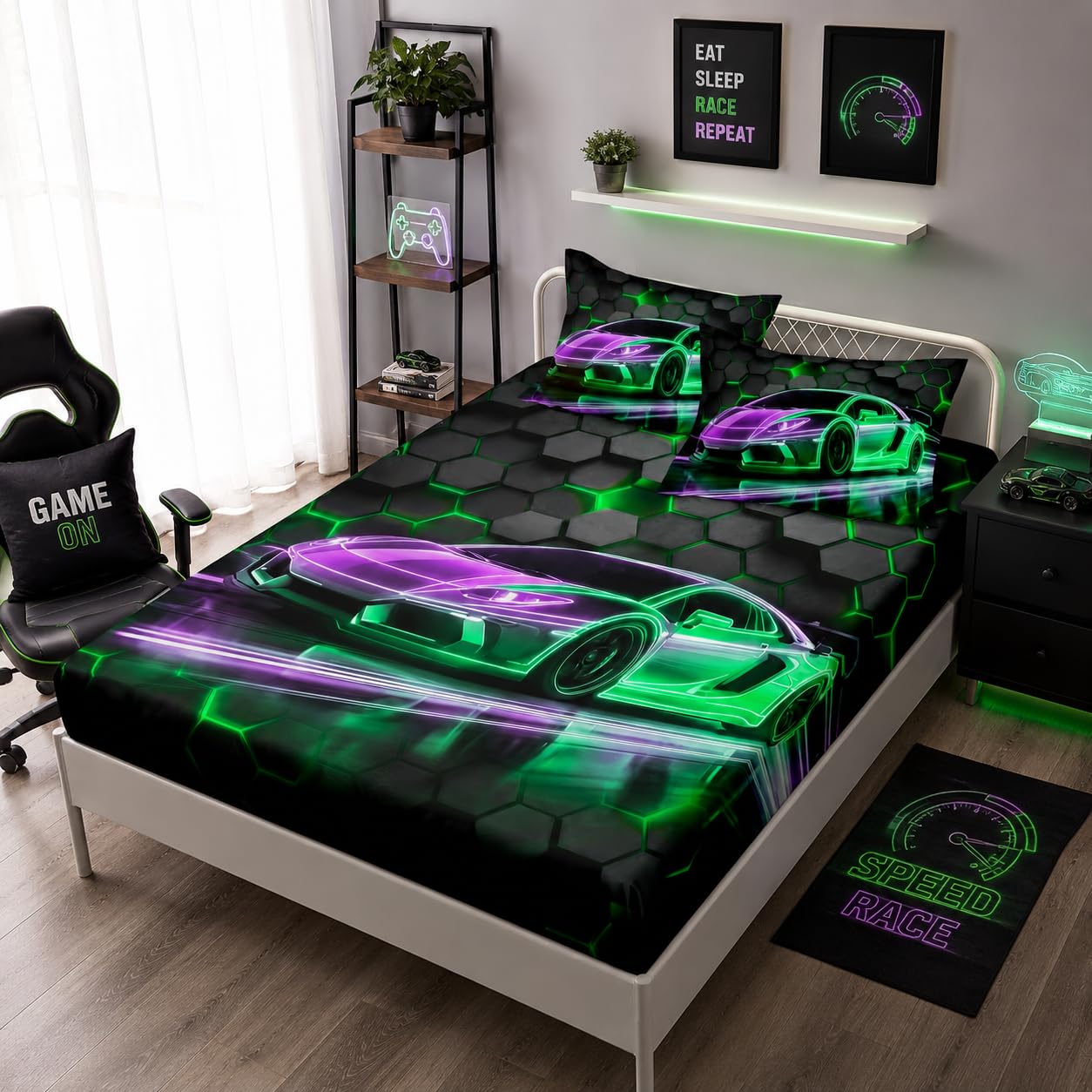 HOSIMA Kids Race Car Twin Fitted Sheet,Hexagon Geometric Honeycomb Pattern Cool Extreme Sports Gaming Bedding for Boys Men Car Room Decor,1 Fitted Sheet+2 Pillowcases.