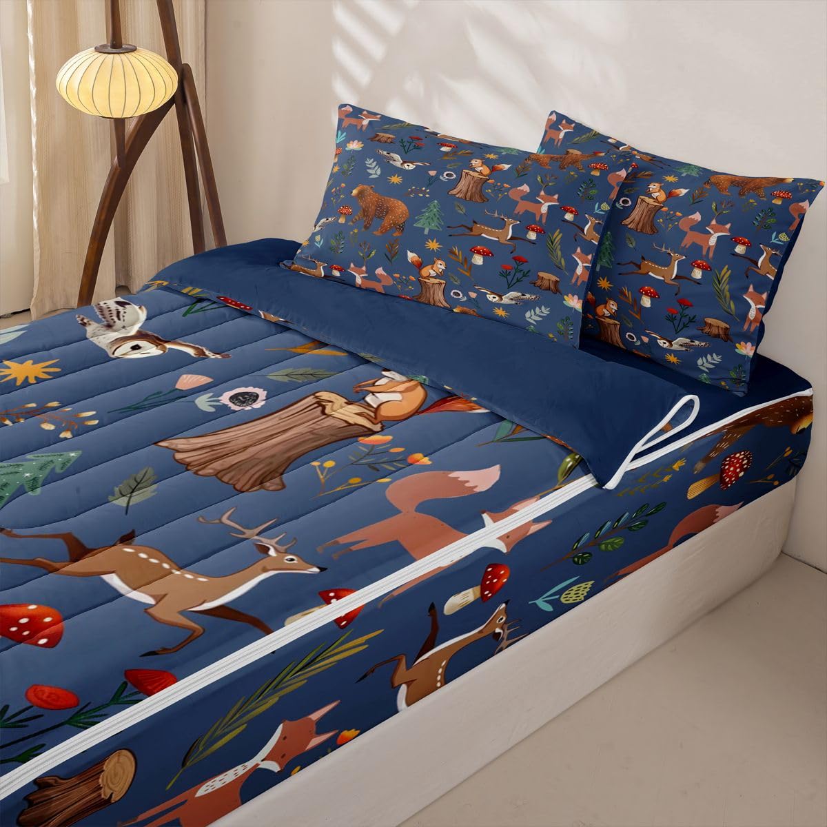 Erosebridal Woodland Animal Zip Up Bedding Set Twin Bear Deer Forest Theme Zipper Comforter Set with Sheets Cartoon Wildlife Hunting Theme Bed in a Bag Rustic Cabin Mushroom Wild Dark Blue Bed Sets