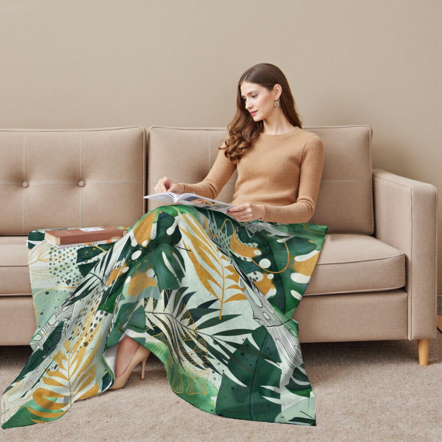 Tropical Blanket Green and Gold Botanical Leaf Throw Blanket Nature Plant Lightweight Soft Cozy Flannel Blankets Gifts for Living Room Couch, Home,Sofa Decor 50 x 60 Inch