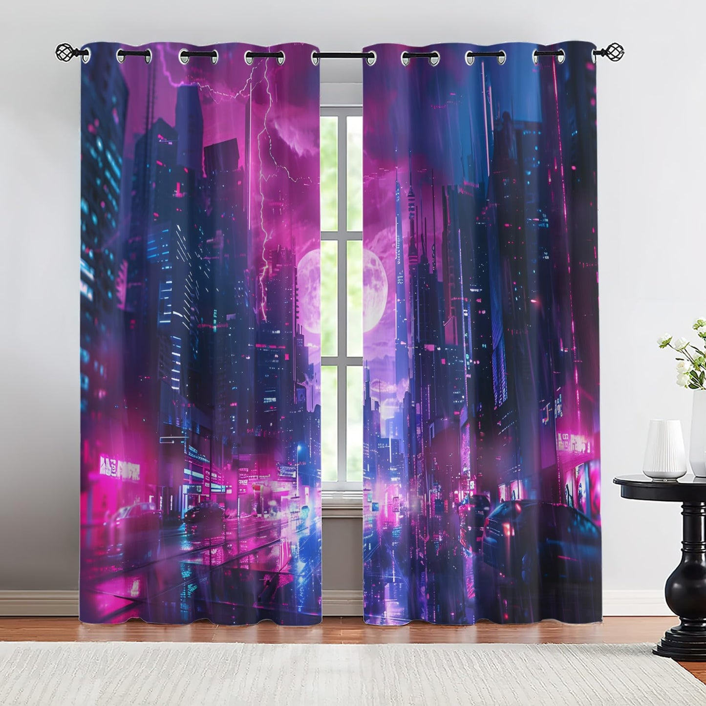 XAFIAUR City Neon Lights Blackout Curtains Sci-Fi City Print Curtain, Lightning Cyberpunk Drapes for Kids Bedroom Play Room 2 Panels Darkening Grommets Window Treatment 31.5" W x 63" L x2