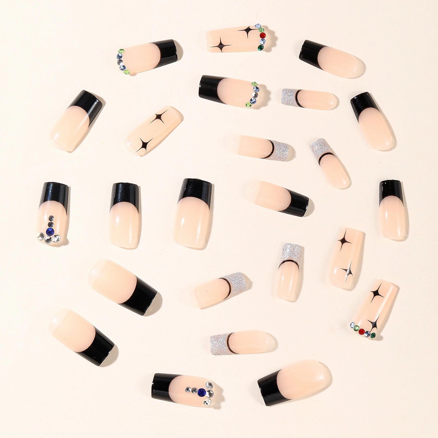 MERVF Press on Nails Long Square, Black French Tip Fake Nails Rhinestones Charms Glue ons Star Design Acrylic Nail Luxury Glossy 24pcs